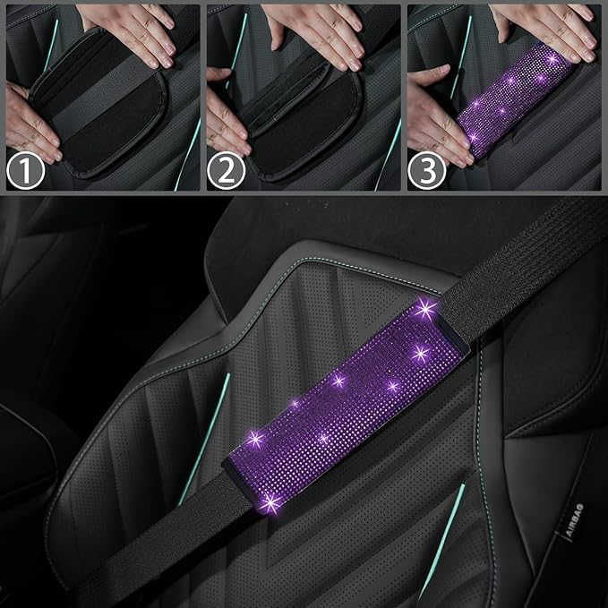 NBTEPEM 8 pcs Bling Car Accessories Set for Women, Steering Wheel Cover, Sparkly Seat Belt Covers, Bling Gear Shift Cover, Universal Fit Most Cars (Purple Violet Diamond)