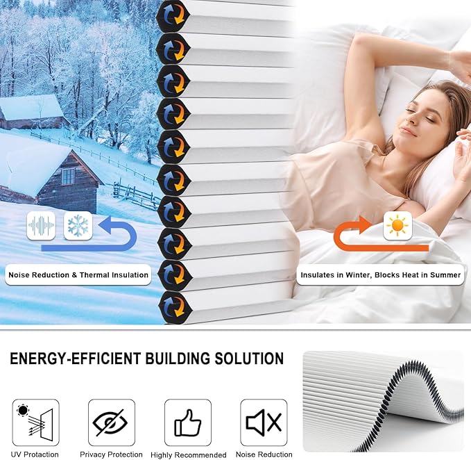 Tonature No Drill Cellular Shades for Indoor Windows, Thermal Insulating & Noise Reducing Honeycomb Blinds, Free Stop Cordless Blackout Shades, White,36" W x 48" H