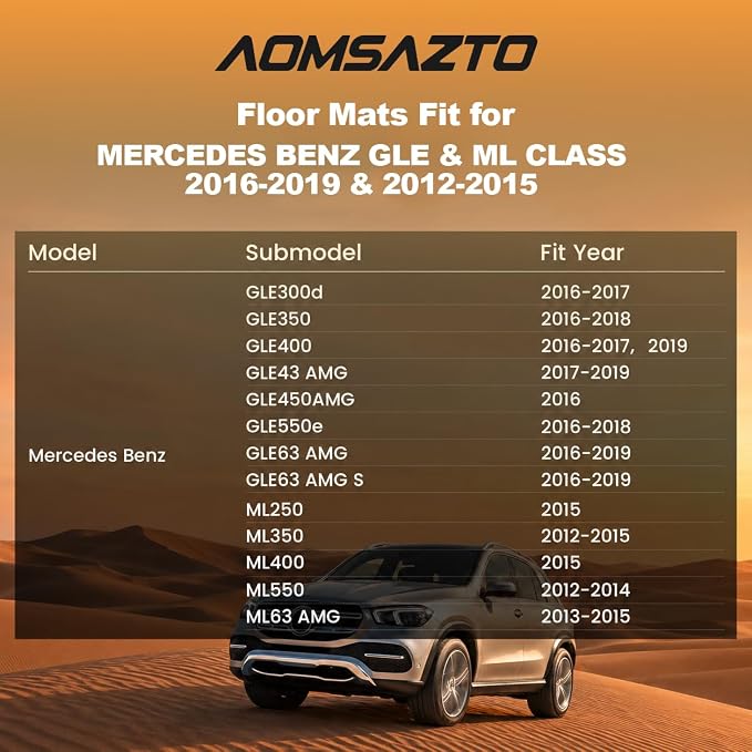 Floor Mats for Mercedes Benz GLE 2016-2019 & ML Class 2012-2015 350/400 | 63 AMG S, All Weather TPE Floor Liners Custom Fit GLE & ML Car Mats, Black