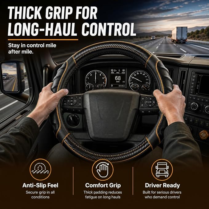 18 Inch Semi Truck Steering Wheel Cover for Freightliner Cascadia, Kenworth T680 T880, Peterbilt 579, Volvo VNL - Anti-Slip Carbon Fiber Grip - Carbon Orange