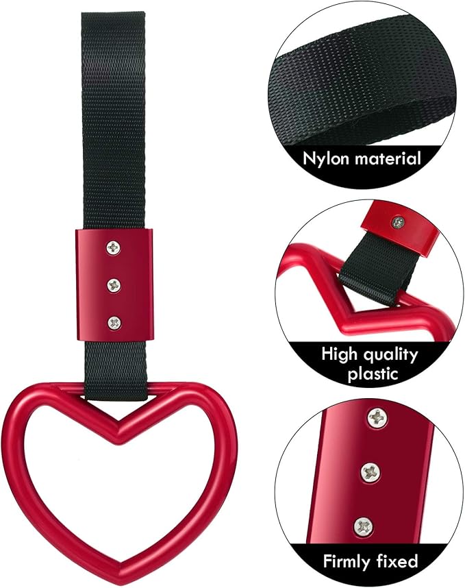 2 Pieces Rings Heart Shaped Car Handle Straps Drift Charm Rear Bumper Warning Ring Decor Subway Bus Broken Heart Handle for Car Interior (Red)