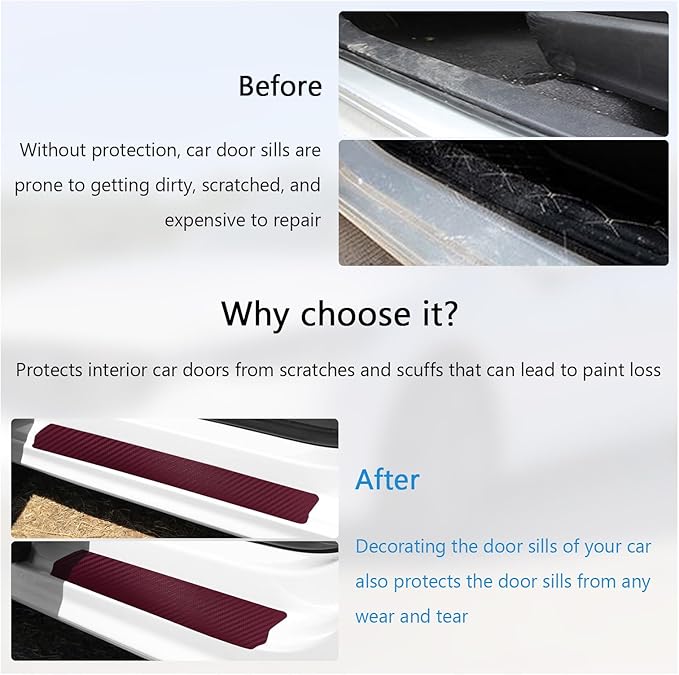 Dickno 4 PCS Car Door Sill Protector, 3D Carbon Fiber Auto Door Entry Edge Guard Protection Trim, Anti-Scratch Threshold Cover Strips, Sill Protection Sticker for Car SUV Truck (Wine Red)