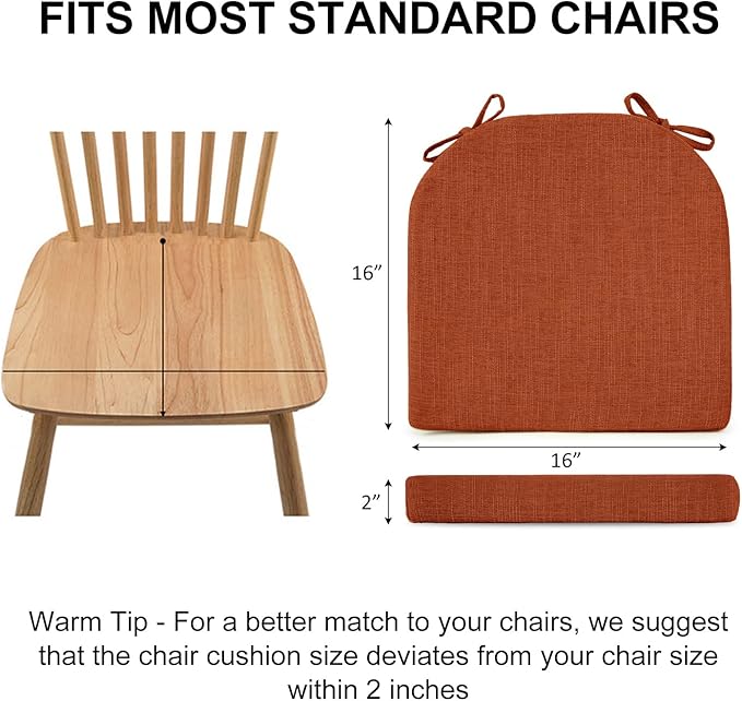 Wellsin Chair Cushions for Dining Chairs 4 Pack - Kitchen Chair Cushions with Ties and Non-Slip Backing - Dining Chair Pads 16"X16"X2", Orange