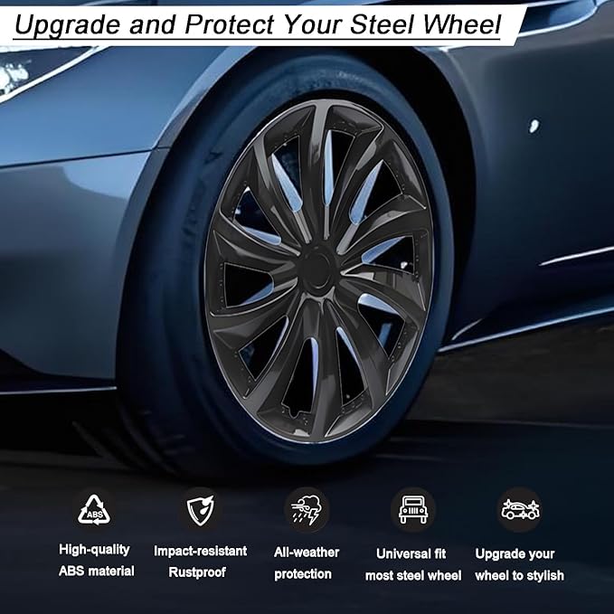 Hubcap Wheel Cover Replacement R16 Hub Caps Universal-Fit Steel Wheel Rim Cover ABS Material Exterior Accessories for Car Truck SUV -Set of 4（16-inch，Black）