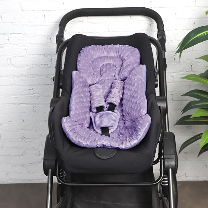 Infant Car Seat Insert Boy Girl, 3 in 1 Newborn Carseat Insert with Strap Pads, Car Seat Head Support for Baby Strollers, Swings, and Bouncers, Comfortable and Machine Washable, Purple