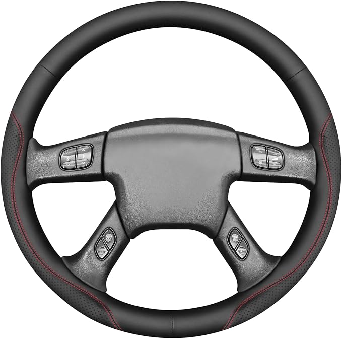 MEWANT Hand Stitch Steering Wheel Cover for Chevy Silverado 1500 2500 Black Smooth Perforated Faux Leather Steering Wrap