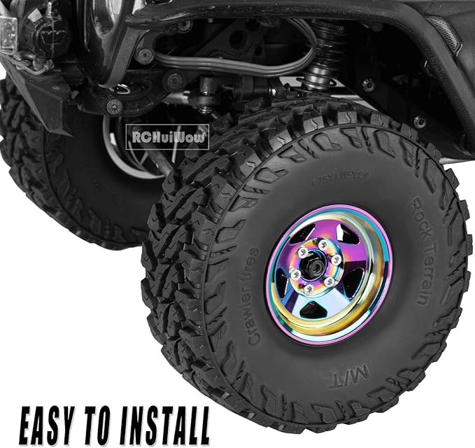 RC Alloy 1.9" Beadlock Wheels and Tires for 1/10 RC Crawler TRX4 SCX10 SCX10 III 90046 D90,1.9 RC Wheels and Tires 1.9 Beadlock Tires RC Rims,4 Packs,Rainbow