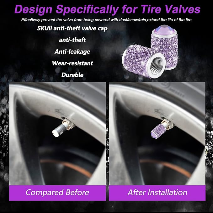 Alpmosn Car Wheel Tire Valve Caps, 4 PCS Bling Tire Valve Caps, Crystal Tire Caps Shinny Rhinestone for Women, Universal Car Dustproof Tire Valve Caps for Cars, Trucks, SUV and Motorcycles (Purple)