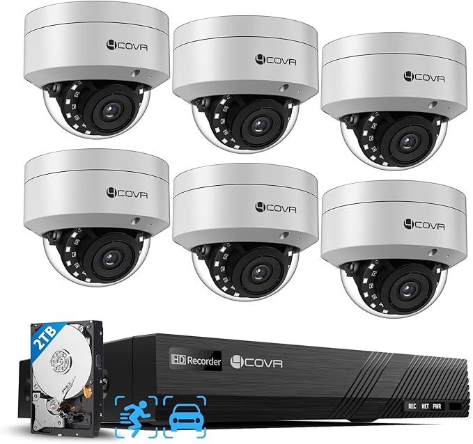 4COVR 8 Channel Security Camera System, 6X 5MP IK10 Vandal-Proof Wired Commercial Dome PoE IP Camera IP67, AI Human Vehicle Detection, 8CH 4K NVR 2TB HDD, 24/7 Home Surveillance Outdoor, LY54AX5M0806
