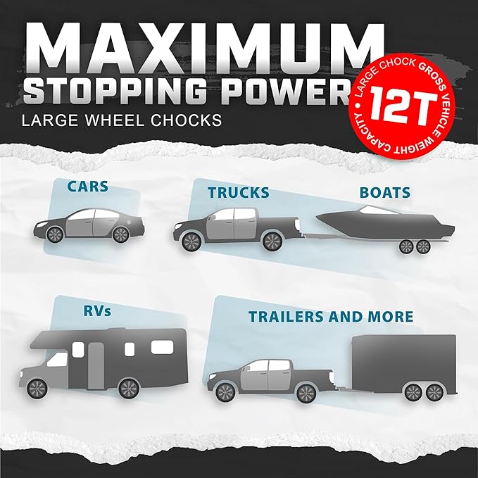 Wheel Chocks for Cars, RVs, Trucks, Trailers, and Vehicles G.V.W. up to 12T, 4 Pack - Anti Slip Bottom Tire Chock for All Weather Use - RV, Travel Trailer, Pop Up Camper Accessory