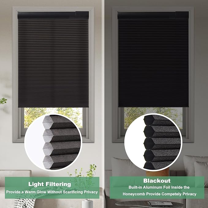 Tonature No Drill Cellular Shades for Indoor Windows, Thermal Insulating & Noise Reducing Honeycomb Blinds, Free Stop Cordless Blackout Shades, Black, 45 1/2" W x 64" H