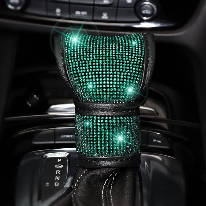 Steering Wheel Cover Set 15 inch,7 Pack Crystal Rhinestone Diamond Bling Green Car Accessories Set,Seat Belt Cushion, Gear Shifter Cover,Car Bling Ring, Cup Coaster,Green