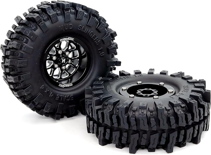 HOBBYSOUL 1.9 Beadlock Wheels and Tires 120mm Tall, 1.9'' Mud Slingers T8 Tires and Wheels Rims -10.5mm Negative Offset for 1/10 RC Crawler SCX10 TRX4 Gen8 Upgrades, (4-Pack, HS701501)