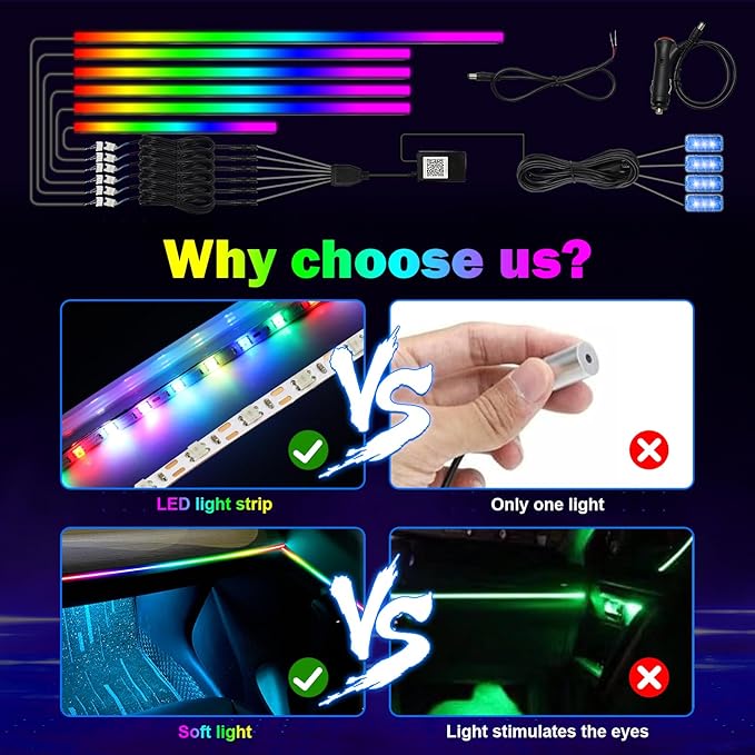 Dreamcolor Interior Car Lights - 10 in 1 LED Strip Lights with APP Control and 213 Color Modes, Decorative Neon Ambient Lighting Kits
