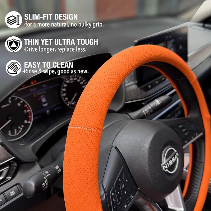 PINCTROT D Shaped Nappa Leather Steering Wheel Cover with Ergonomic Palm Support Grip, Full Perforated Breathable, Slim Fit No Bulk Design, Flat Bottom 14.5-15 Inch (Hot Orange)