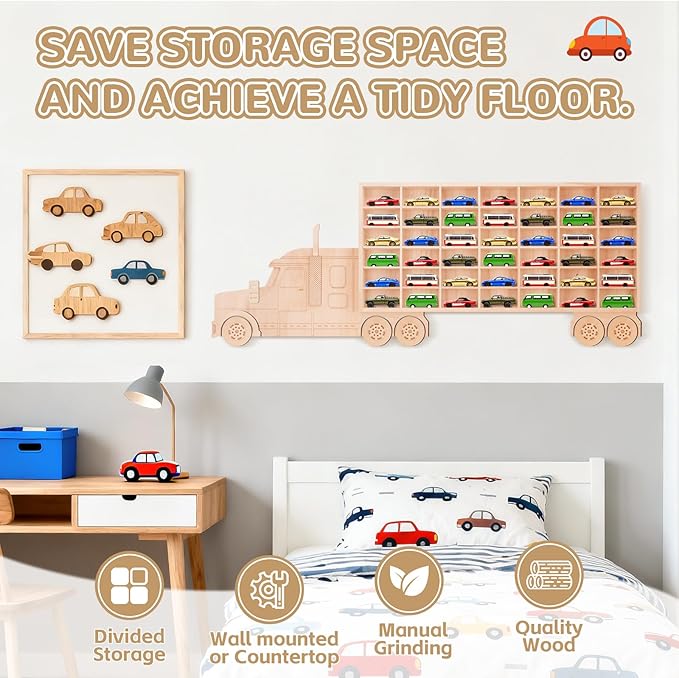 3D Wooden Toy Cars Display, Wall-Mounted for 42 Toy Cars, 1/64 Scale Model Car Organizer with Unique Patchwork Design