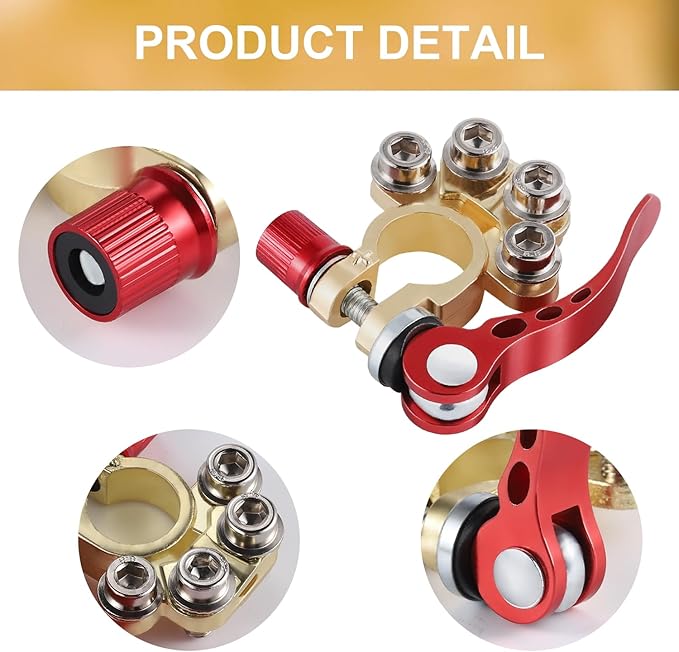 SINGARO Car Battery Terminal Clamp Connector, 4 Way Positive and Negative Pole Quick Release Terminal Clip, Applicable to SAE/JIS A Type Post, Compatible with Cars, Trucks and More（Gold-B）