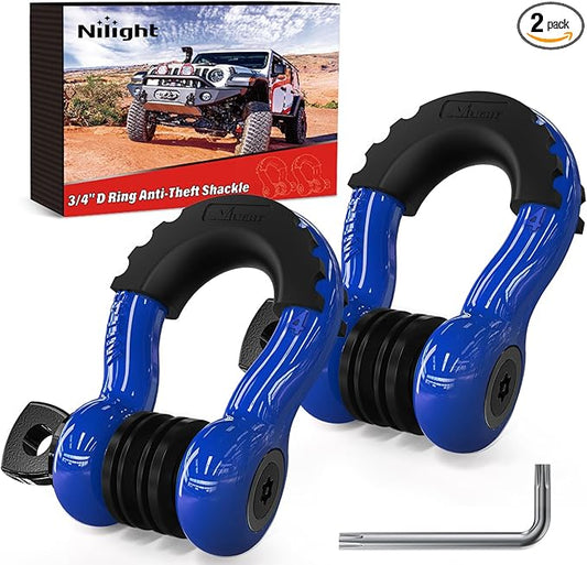 Nilight 3/4 inch D Ring Shackle 2 Pack 19T (41,887 lbs) Break Strength 4.75T WLL Heavy Duty Towing Hook with Anti-Theft System Anti-Rattle Isolators for Truck Jeep SUV ATV UTV Recovery Blue