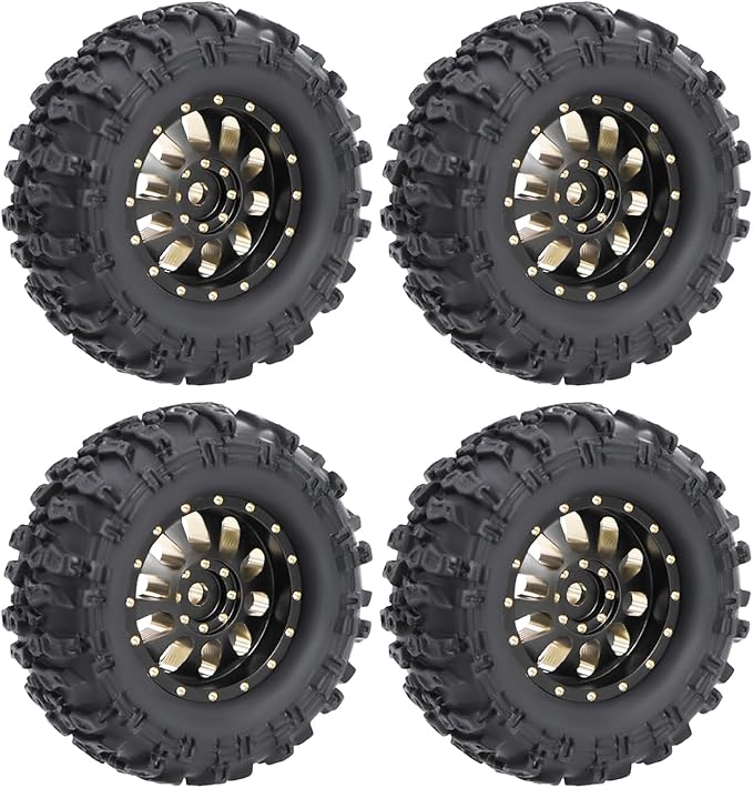 4pcs SCX30 Brass Offset 0.7'' Wheels Set with Rubber Tires Sponge Insert for AXIAL SCX30 Ford Bronco JEEP WRANGLER JLU RC Crawler Upgrade Part ﻿ (Black 10-hole set)