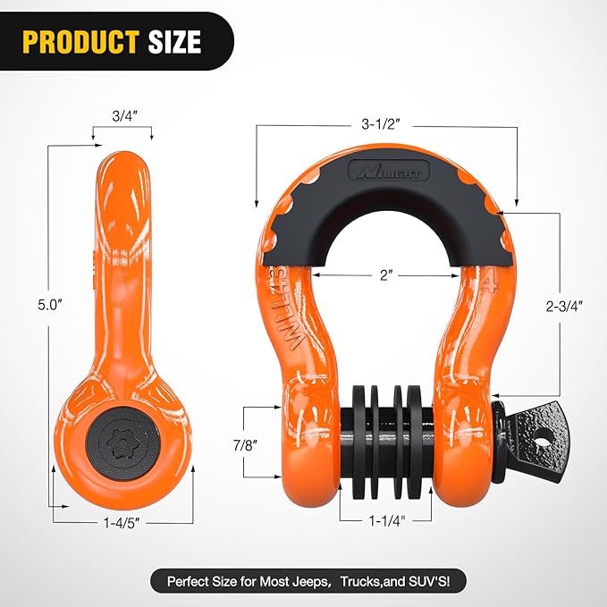 Nilight 3/4 inch D Ring Shackle 2 Pack 19T (41,887 lbs) Break Strength 4.75T WLL Heavy Duty Towing Hook with Anti-Theft System Anti-Rattle Isolators for Truck Jeep SUV ATV UTV Recovery Orange