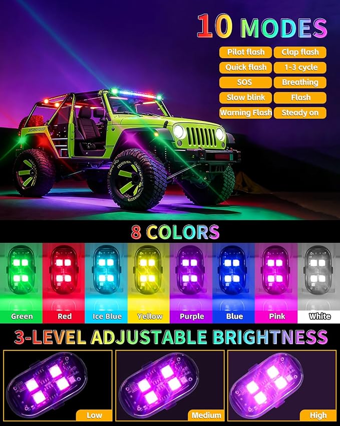 Upgraded 4PCS Wireless LED Strobe Lights for Car, 8 Colors Interior Car Lights with Remote Control, USB-C charging Warning Light for Car Motorcycle Drone Bike Decor