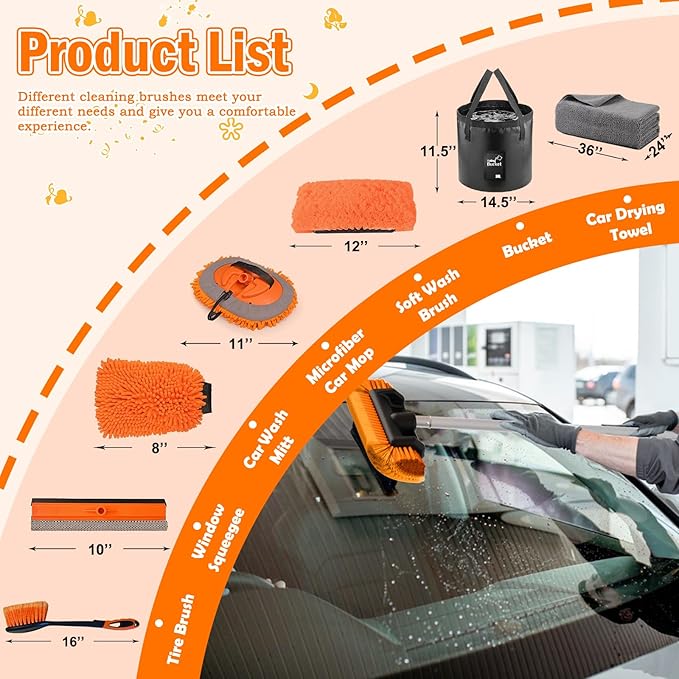 12FT Car Wash Brush with Long Handle, Car Cleaning Kit with Soft Bristle Wash Brush, Microfiber Cleaning Mop, Window Squeegee, Mitt, Wheel Brush, Bucket, Drying Towel for RV, Truck, Boat