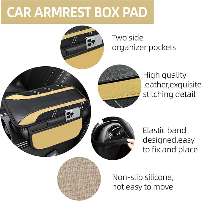 NBTEPEM 6 Pcs Beige Car Accessories Set, Sport Leather Steering Wheel Cover 14.5-15inch Universal, Microfiber Leather Car Center Console Cover, Seat Belt Cushion, Cup Holder Coaster (Black-Beige)