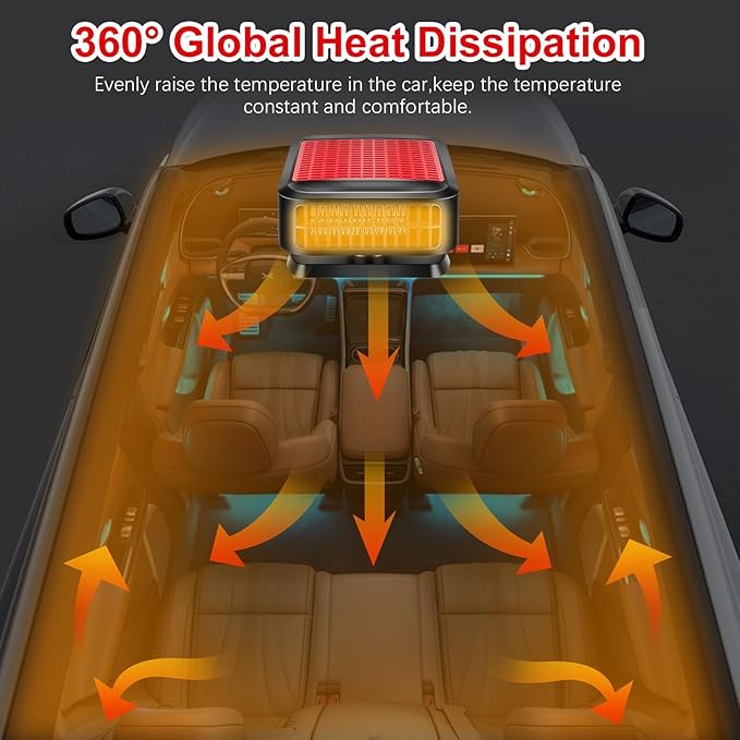 Car Heater, 200W 12V Portable Car Heater 360°Rotation 2 in 1 Heating & Cooling Fan Windshield Demisting Defroster Plug Into Cigarette Lighter for All Cars