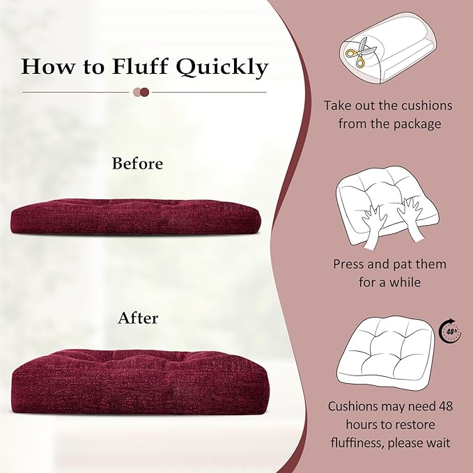 downluxe Chair Cushions for Dining Chairs 2 Pack, Tufted Indoor Chair Pads with Non-Slip Bottom, U-Shaped Kitchen Chair Cushions, 17"x17"x4", Burgundy