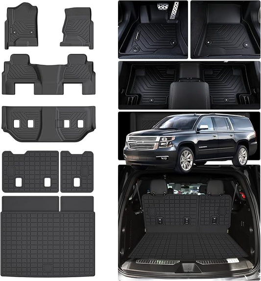 Floor Mats for 2015-2020 Chevy Chevrolet Suburban/GMC Yukon XL 7 Seats (Not for Yukon) (2nd Row Bucket Seats) & Cargo Mat & Backrest Mat,TPE All Weather Protection Full Set Accessories