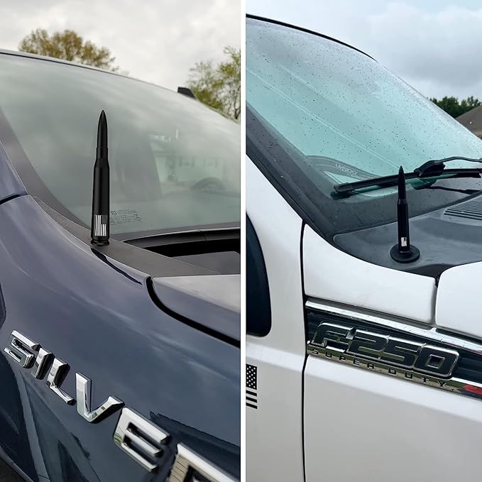 Car Truck Bullet Antenna with Tire Valve Caps American Flag Universal Short Replacement for GMC Sierra Chevy Silverado Dodge Ram 1500 2500 3500 Ford F150 F250 F350 Super Duty Accessories, Matte Black