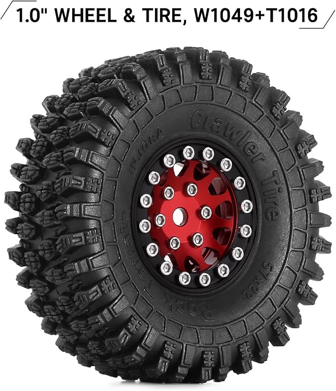 INJORA 1.0 Beadlock Wheel S5 Super Soft Sticky Crawler Tires for TRX4M Axial AX24 SCX24 FCX24 Enduro24 Upgrade, 57 * 22mm(Red)