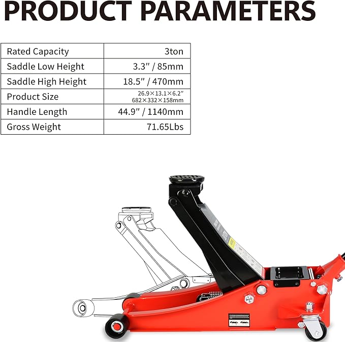 Pro Steel 3 Ton Low Profile Racing Floor Jack - Dual Pistons Quick Lift Pump, Red Heavy Duty Hydraulic Jack, 3.3"-18.5" Lift Range, 6600 lb Capacity