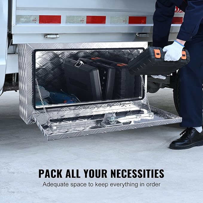 VEVOR Underbody Truck Box, 30"×17"×18" Pickup Storage Box, Heavy Duty Aluminum Diamond Plate Tool Box with Lock and Keys, Waterproof Trailer Storage Box with T-Handle Latch for Truck, Van, Trailer
