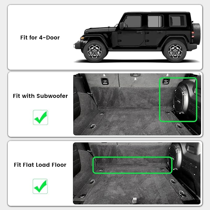 LASFIT Trunk Mat for Jeep Wrangler JL 2018-2025 2026 4 Door Cargo with SUBWOOFER, All Weather TPE Custom Fit Cargo Mat Fit for Flat Load Floor Gas Type, Black (Not for JK/Not PHEV/Not 2-Door)