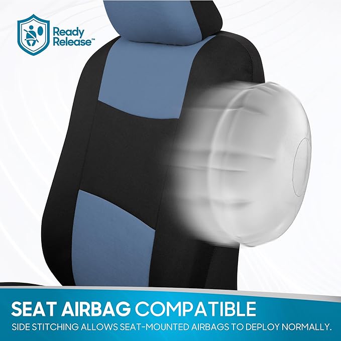 BDK PolyPro Car Seat Covers Full Set in Blue Gray on Black, Front and Rear Split Bench Seat Covers for Cars, Easy to Install Car Seats Cover Set and Accessories for Auto Trucks Van SUV - Blue Gray