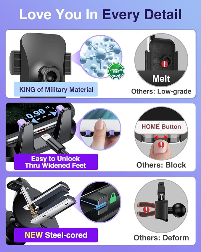 VANMASS【85+LBS Strongest Suction & Military-Grade Ultimate Car Phone Mount【Patent & Safety Certs】 Cell Holder Truck for Dash Windshield Vent for iPhone 17 Pro Max Automobile Accessory Kits,Purple