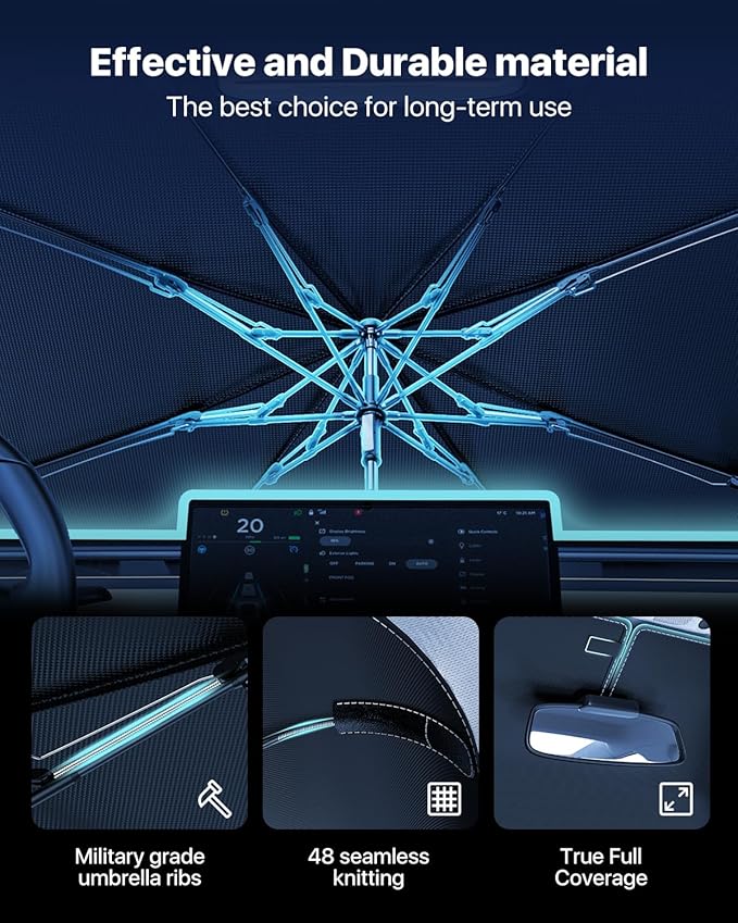 [Upgraded] Nmoiss Windshield Sun Shade Umbrella - [Vinyl Coating Heat Shield] Protect Car from Sun Rays & Heat Damage Keep Cool and Protect Interior, Spring Structure Edge Large 61" L x 35" W