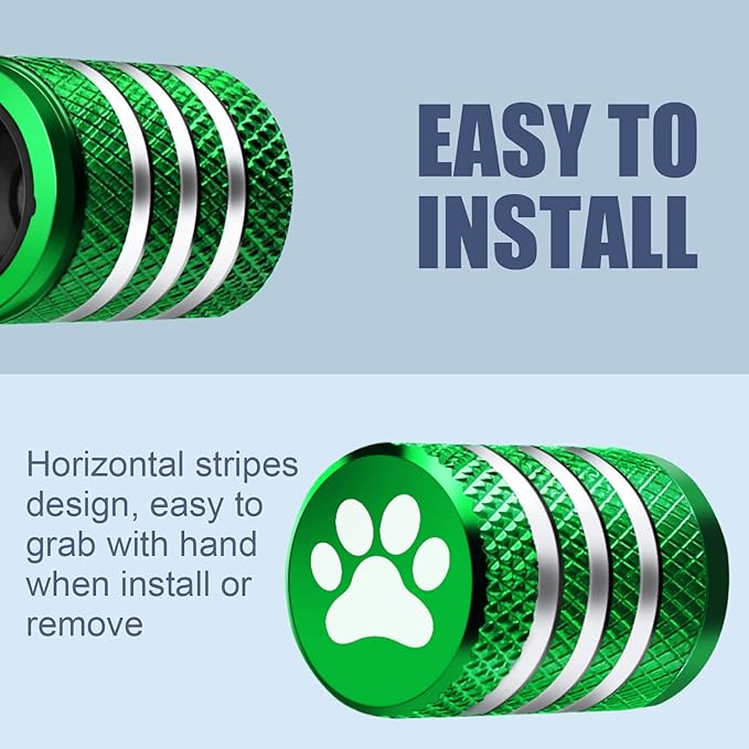 Tire Valve Stem Caps Cover - (5 Pack) Tire Air Caps Metal with Plastic Liner Corrosion Resistant Leak-Proof Dog Paw Print for Car Truck Motorcycle Bike Green