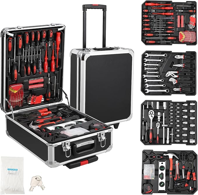 800-Piece Mechanics Tool Set with Rolling Aluminum Case, Complete Socket & Wrench Kit with Hand Tools, Portable Garage Tool Box for Auto Repair, Home Maintenance, DIY Projects & Garden Work