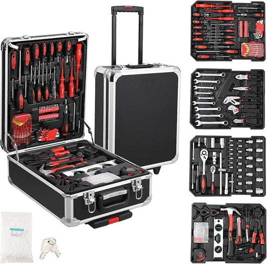 800-Piece Mechanics Tool Set with Rolling Aluminum Case, Complete Socket & Wrench Kit with Hand Tools, Portable Garage Tool Box for Auto Repair, Home Maintenance, DIY Projects & Garden Work