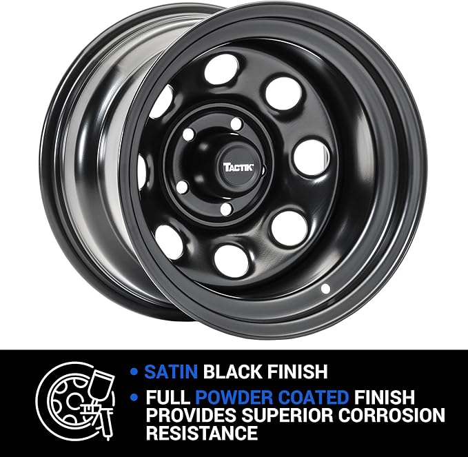 TACTIK Circle 8 Classic 15 Inch Steel Wheel, Black - 15x8, 5x4.5 / 5x114.3 Bolt Pattern (-12.7mm Offset), 4" Backspace - Fits Jeep 1984-2006 Wrangler Wagoneer Comanche Grand Cherokee TJ YJ MJ ZJ XJ LJ