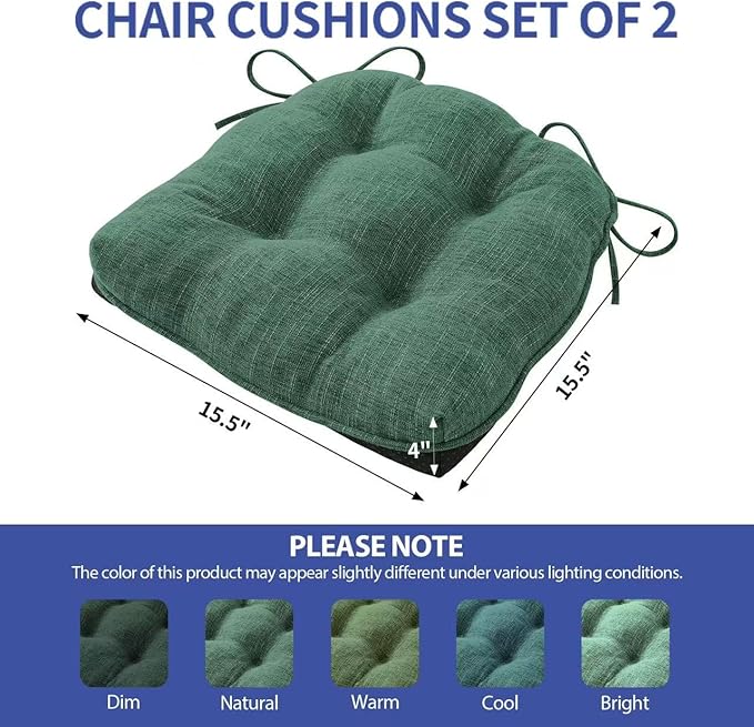 IPYNBAP Chair Cushions for Dining Chairs Set of 2, Kitchen Chair Cushions, Chair Pads with Ties Non Slip Backing, Christmas Room Decor, Tufted Memory Foam Seat Cushion 2 Pack, 15.5x15.5x4, Dark Green