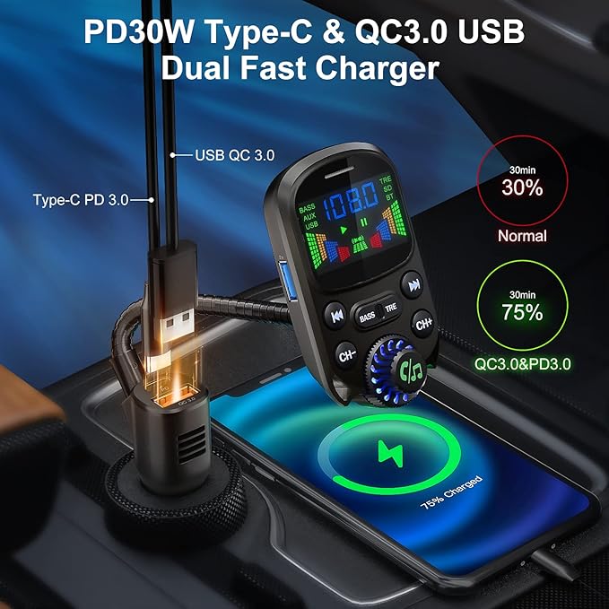 Bluetooth 5.3 FM Transmitter for Car SOARUN Bluetooth Car Adapter PD30W & USB Port Fast Charge, HiFi Treble & Bass Player, 1.6" Display Hands-Free Calling Truck Radio with AUX Input/Output, TF Card