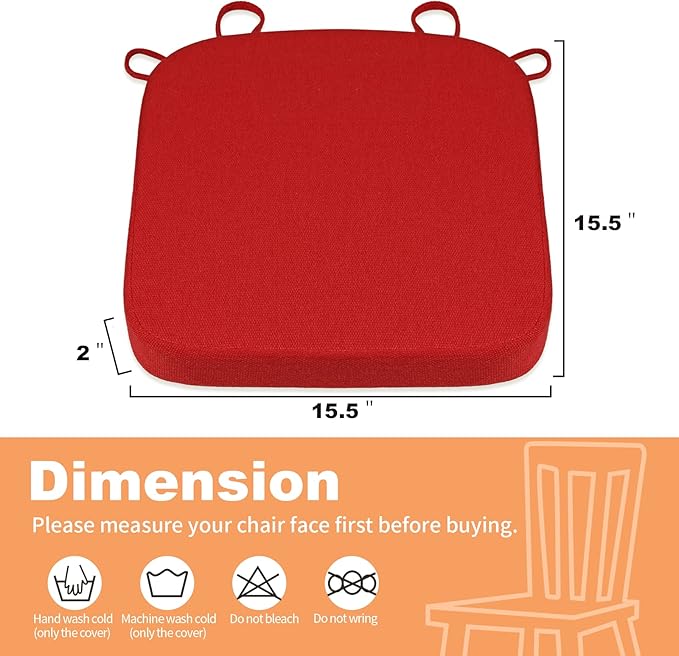 SINOSSO Memory Foam Chair Cushions for Folding Chairs 4 Pack, Thickened 2" Square Pads with Ties for Kitchen Chairs, Indoor Non-Slip Dining Chair Seat Cushions (Set of 4, Red)