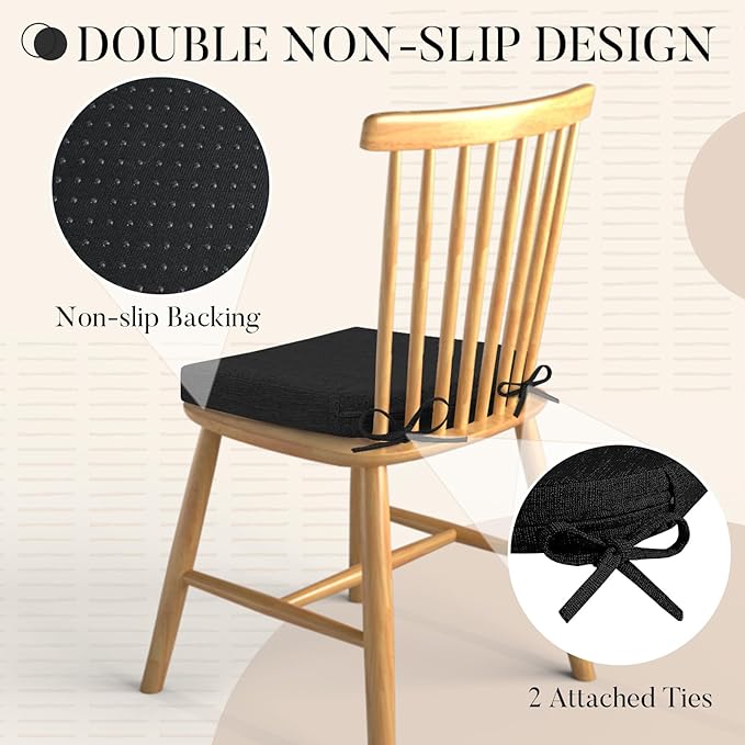Basic Beyond Chair Cushions for Dining Chairs with Ties and Removable Cover, 2" Thick Seat Cushions for Kitchen Chairs, Set of 4, 17" x 16", Black
