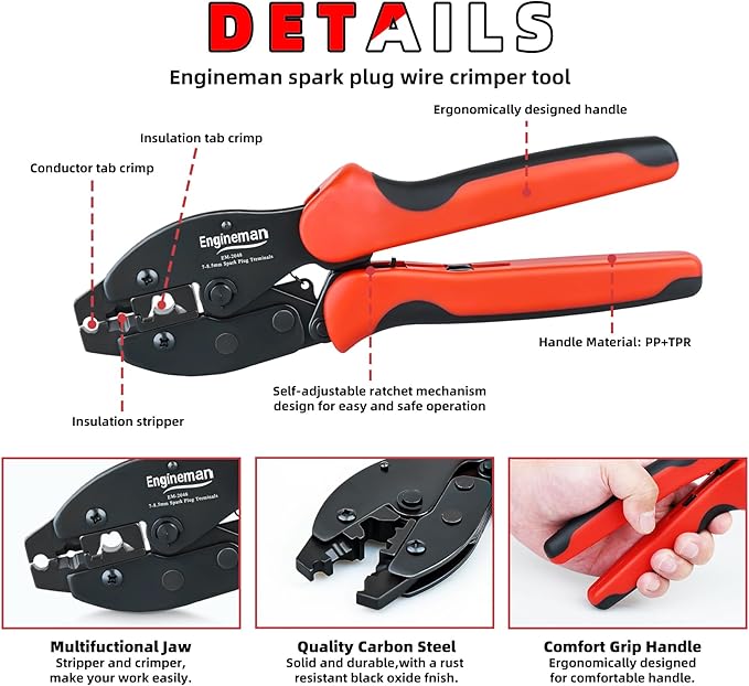 Spark Plug Wire Crimping Tool Kit, Ratchet Spark Plug Crimper for Crimping and Stripping Plug, 26PCS 180 °/90 °/Straight Spark Plug Coil Terminals and 24PCS Terminals Boots