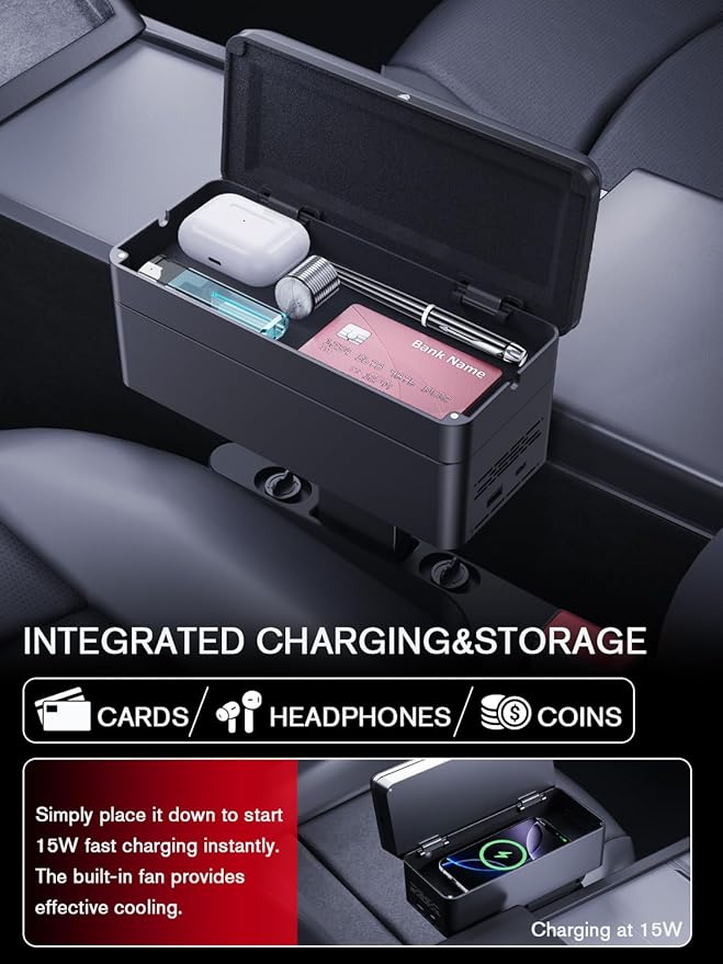 for 2-in-1 Car Armrest & Car Seat Gap Filler - Adjustable Sponge Armrest with 9-Level Height - 15W Wireless Charging & 50W Power Dock - Dual-Layer Car Storage Box - Fits Driver & Passenger