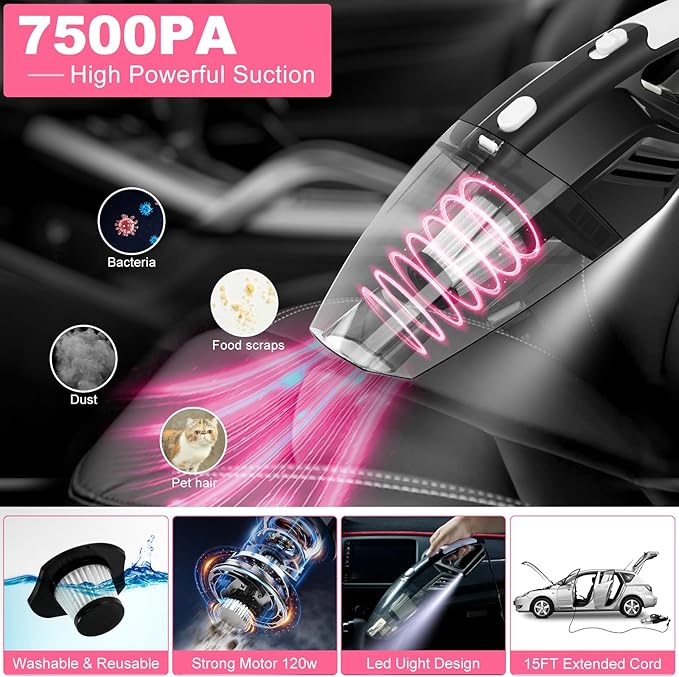20Pcs Car Cleaning Wash Kit Interior Detailing Cleaner Kit with High Power Handheld Vacuum, Brush Set, Windshield Tool, Duster, Towels, Complete Car Care Tools, Pink