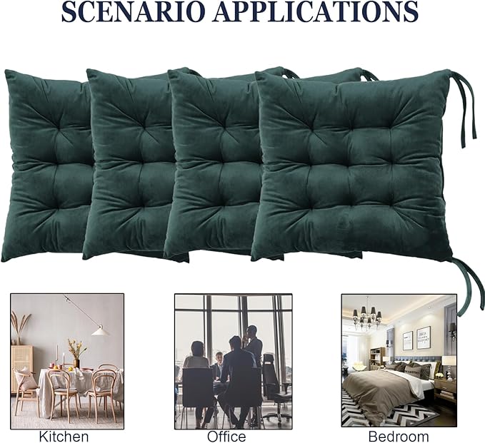 Set of 4 Chair Cushions for Dining Chairs with Ties, Indoor Non-Slip Kitchen Chair Pad and Dining Room Seat Cushion Mat for Office Living Room Outdoor 15.5" - Dark Green
